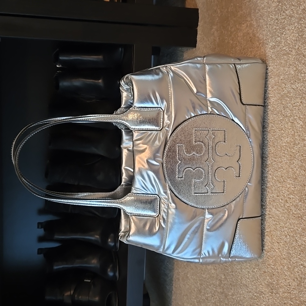 Tory Burch Ella Silver Metallic Puffer Tote